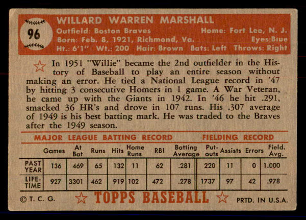 1952 Topps Baseball #096 Willard Marshall Braves VG 558692