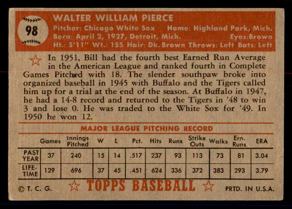 1952 Topps Baseball #098 Billy Pierce White Sox VG 558694