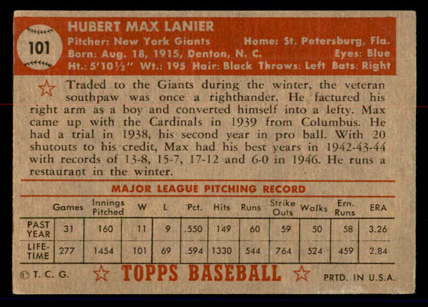 1952 Topps Baseball #101 Max Lanier Giants VG-EX 558697