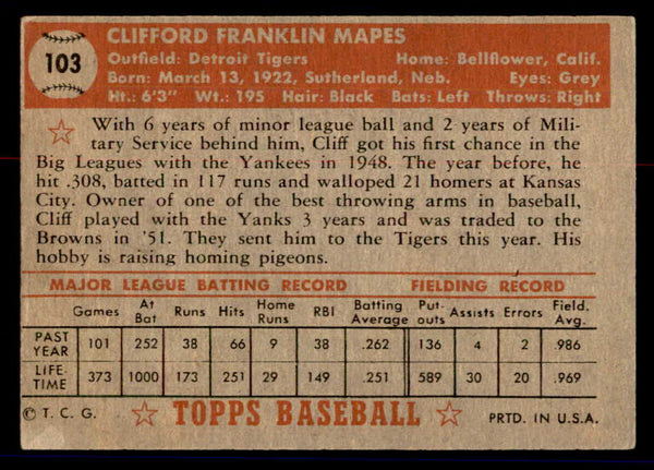 1952 Topps Baseball #103 Cliff Mapes Tigers VG 558701