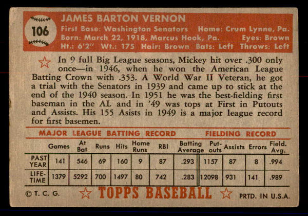 1952 Topps Baseball #106 Mickey Vernon Senators VG 558703