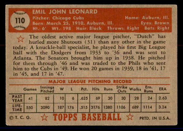 1952 Topps Baseball #110 Dutch Leonard Cubs VG 558705