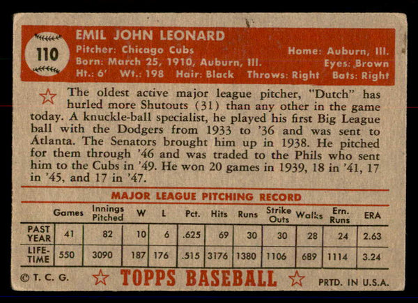 1952 Topps Baseball #110 Dutch Leonard Cubs VG 558706