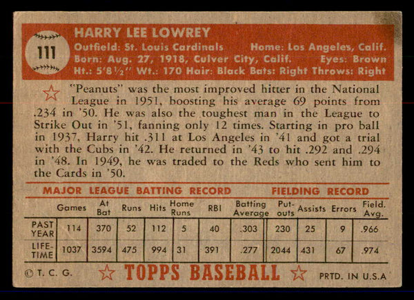 1952 Topps Baseball #111 Peanuts Lowrey Cardinals VG 558707