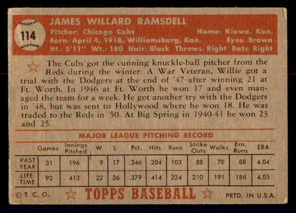 1952 Topps Baseball #114 Willard Ramsdell Cubs GD-VG 558709