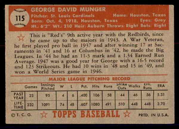 1952 Topps Baseball #115 George Munger Cardinals VG 558711