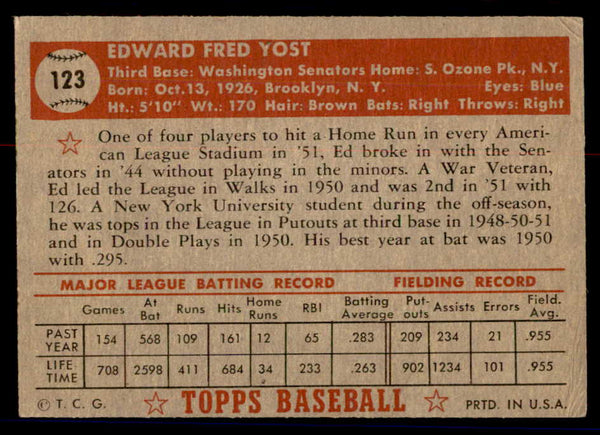 1952 Topps Baseball #123 Eddie Yost Senators VG 558718