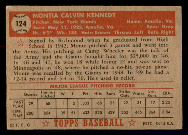 1952 Topps Baseball #124 Monte Kennedy Giants VG 558720