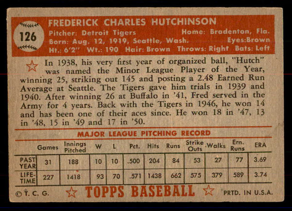 1952 Topps Baseball #126 Fred Hutchinson Tigers VG 558723
