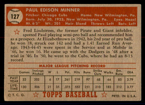 1952 Topps Baseball #127 Paul Minner Cubs VG-EX 558724