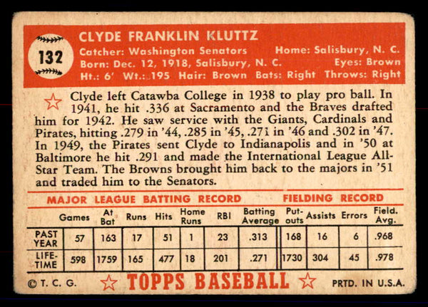 1952 Topps Baseball #132 Clyde Kluttz Senators VG 558728