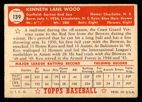1952 Topps Baseball #139 Ken Wood Red Sox VG 558736