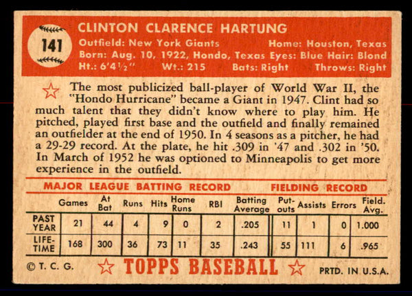 1952 Topps Baseball #141 Clint Hartung Giants VG-EX 558738
