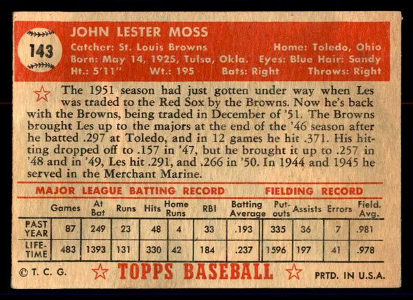 1952 Topps Baseball #143 Les Moss Browns VG-EX 558742