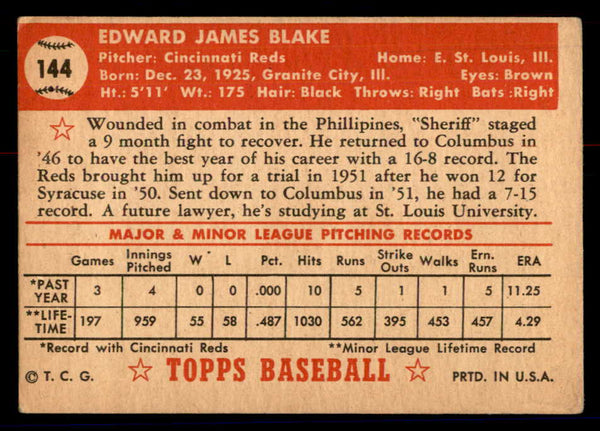 1952 Topps Baseball #144 Ed Blake Reds VG 558743