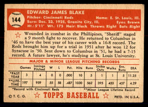 1952 Topps Baseball #144 Ed Blake Reds VG 558744