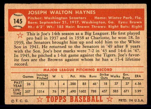 1952 Topps Baseball #145 Joe Haynes Senators VG 558745