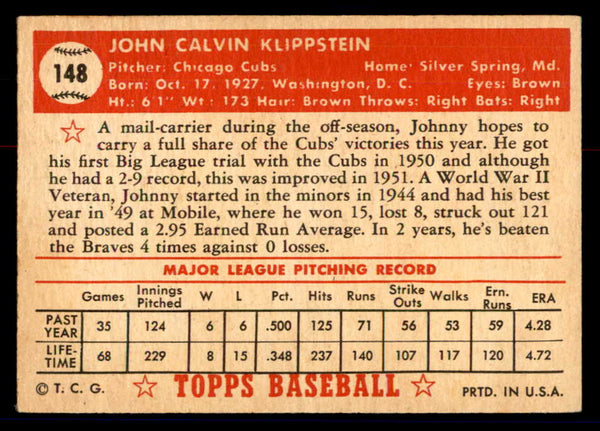 1952 Topps Baseball #148 Johnny Klippstein Cubs VG-EX 558749