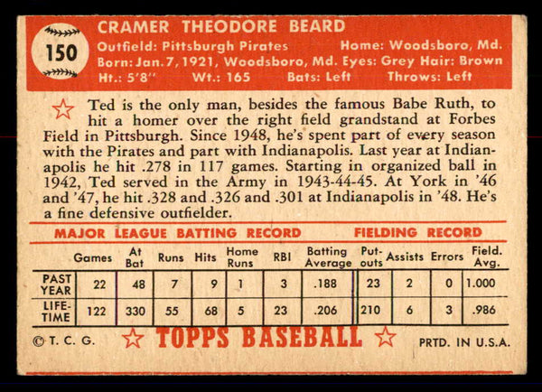 1952 Topps Baseball #150 Ted Beard Pirates VG-EX 558750