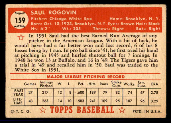 1952 Topps Baseball #159 Saul Rogovin White Sox VG-EX 558754