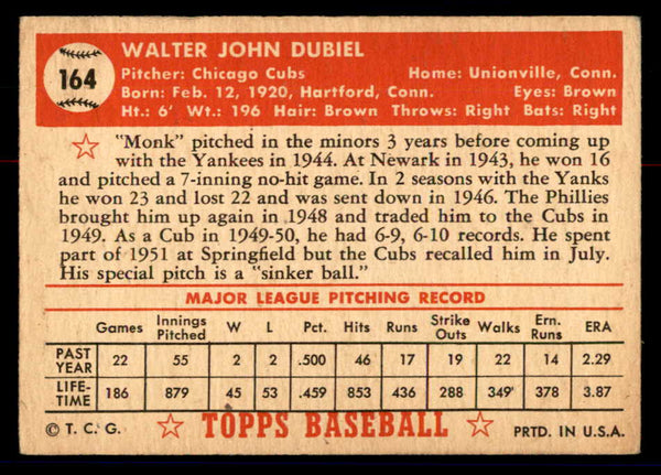 1952 Topps Baseball #164 Walt Dubiel Cubs VG-EX 558759