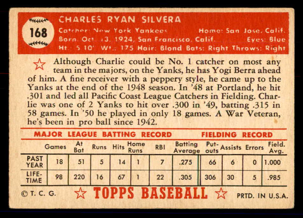 1952 Topps Baseball #168 Charlie Silvera Yankees VG-EX 558766