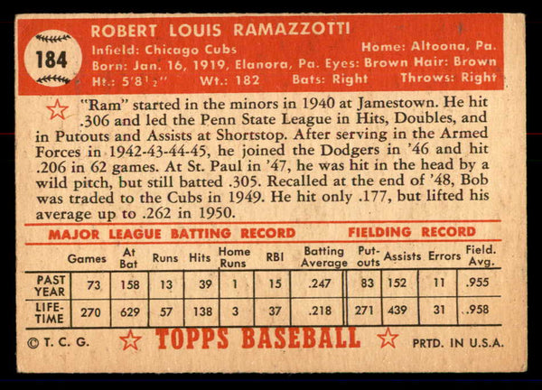 1952 Topps Baseball #184 Bob Ramazzotti Cubs VG 558772