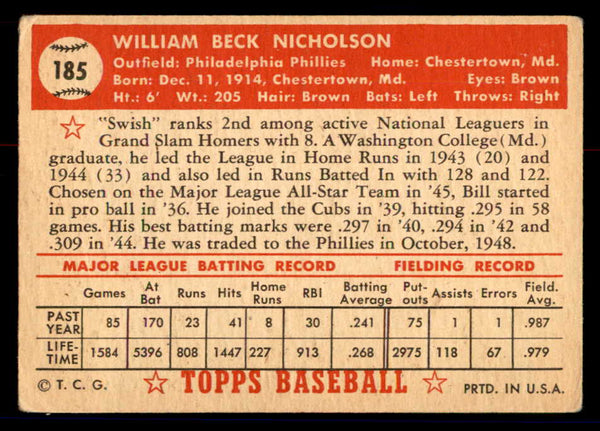 1952 Topps Baseball #185 Bill Nicholson Phillies VG 558773