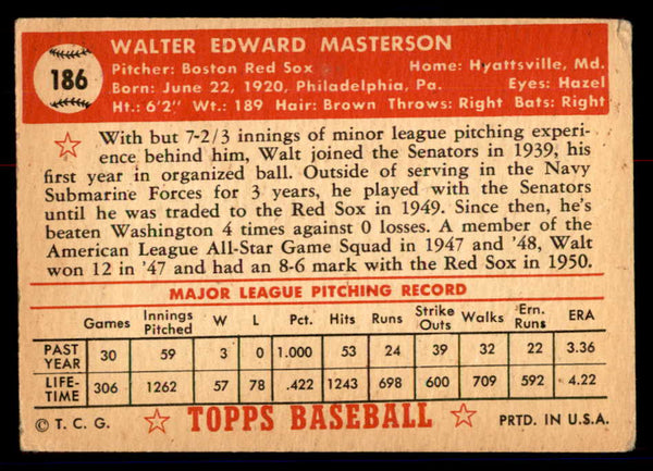 1952 Topps Baseball #186 Walt Masterson Red Sox VG 558774