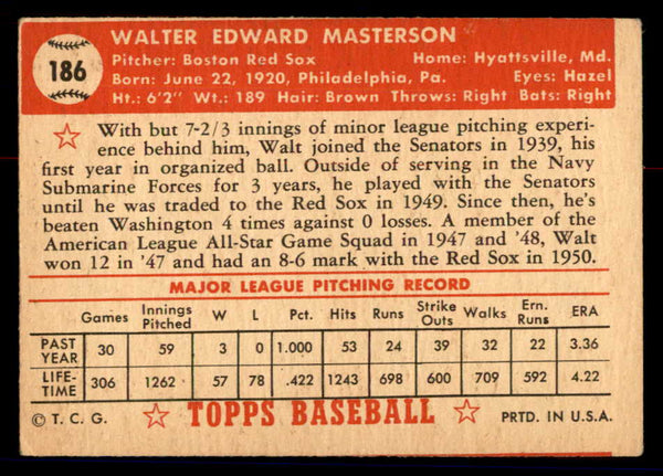 1952 Topps Baseball #186 Walt Masterson Red Sox VG-EX 558775