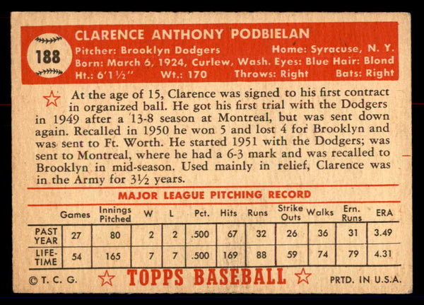 1952 Topps Baseball #188 Bud Podbielan Dodgers VG 558776