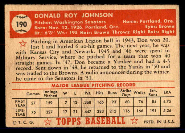 1952 Topps Baseball #190 Don Johnson Senators VG-EX 558777