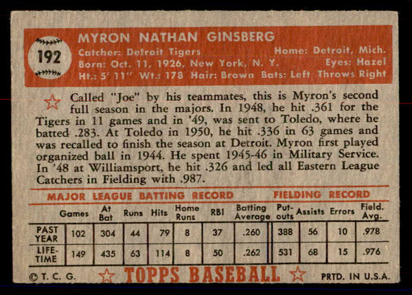 1952 Topps Baseball #192 Joe Ginsberg Tigers VG-EX 558778