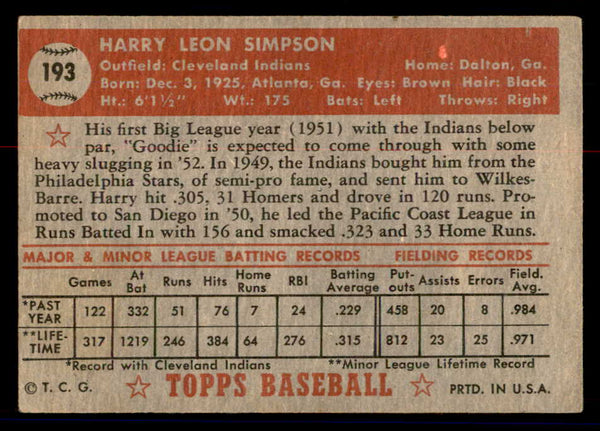 1952 Topps Baseball #193 Harry Simpson Indians GD-VG 558780