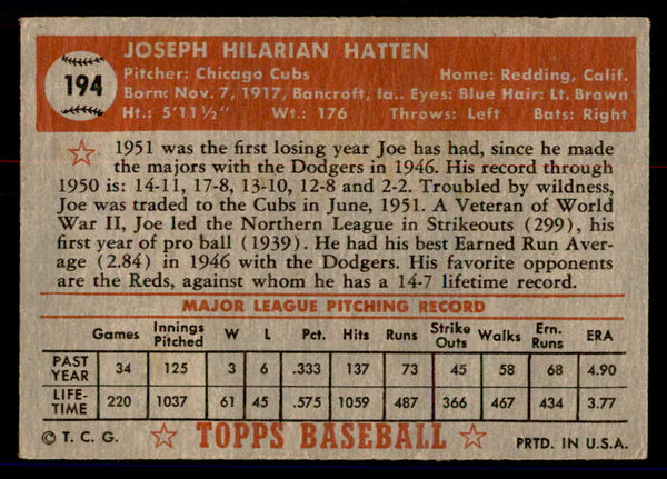 1952 Topps Baseball #194 Joe Hatten Cubs VG 558781