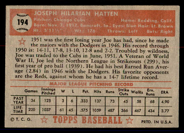 1952 Topps Baseball #194 Joe Hatten Cubs VG-EX 558782
