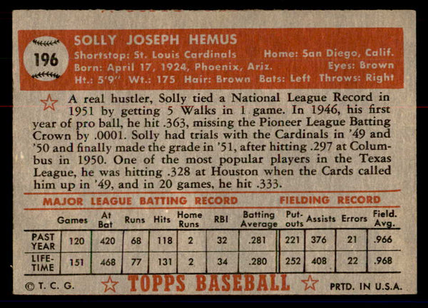 1952 Topps Baseball #196 Solly Hemus Cardinals VG 558783