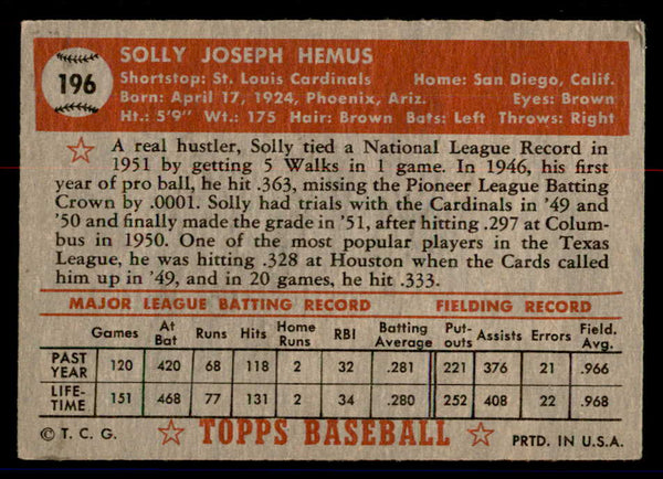 1952 Topps Baseball #196 Solly Hemus Cardinals VG-EX 558785