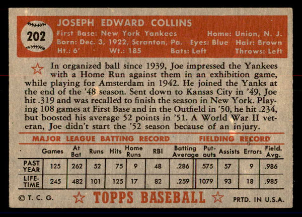 1952 Topps Baseball #202 Joe Collins Yankees VG 558793