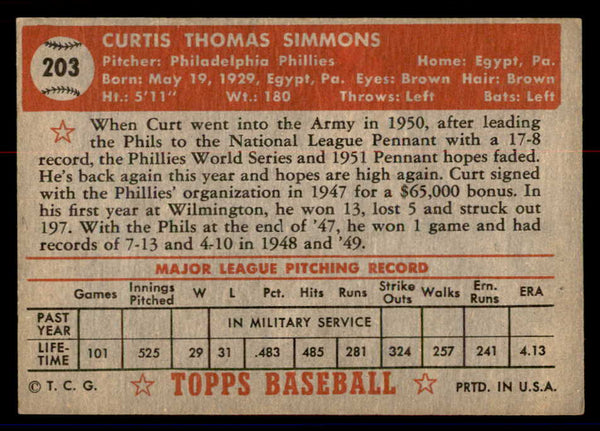 1952 Topps Baseball #203 Curt Simmons Phillies VG-EX 558795