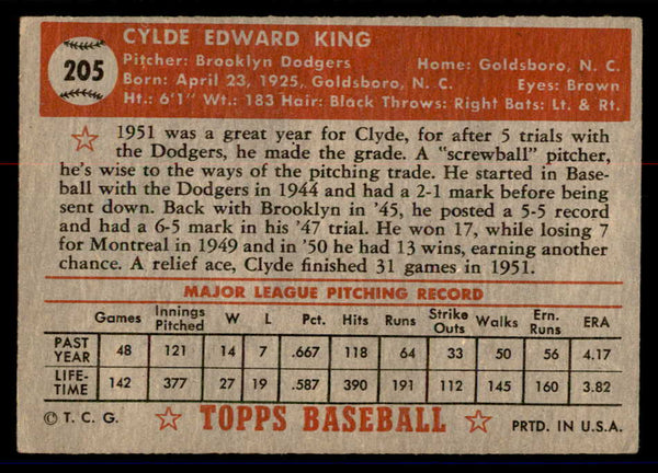 1952 Topps Baseball #205 Clyde King Dodgers VG 558796