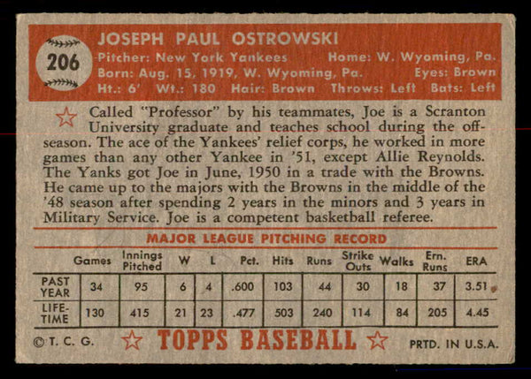 1952 Topps Baseball #206 Joe Ostrowski Yankees VG 558797