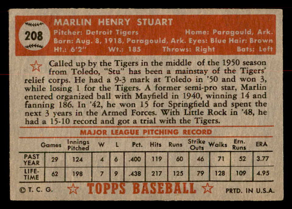 1952 Topps Baseball #208 Marlin Stuart Tigers VG-EX 558800