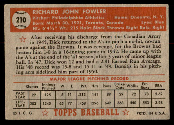 1952 Topps Baseball #210 Dick Fowler A's GD-VG 558802