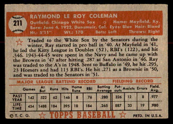 1952 Topps Baseball #211 Ray Coleman White Sox VG 558803