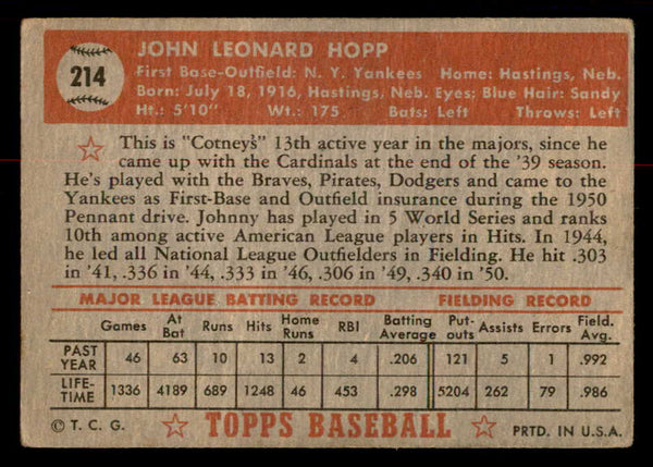 1952 Topps Baseball #214 Johnny Hopp Yankees GD-VG 558807