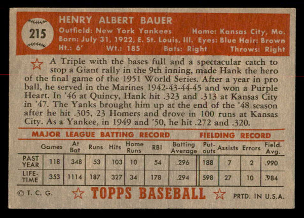 1952 Topps Baseball #215 Hank Bauer Yankees VG-EX 558808
