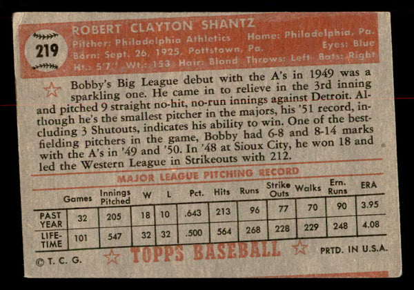1952 Topps Baseball #219 Bobby Shantz A's VG 558813