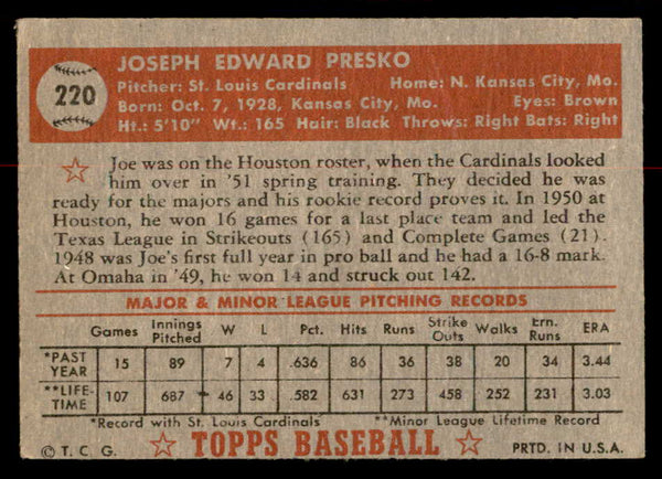 1952 Topps Baseball #220 Joe Presko Cardinals VG-EX 558814