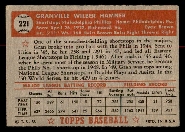 1952 Topps Baseball #221 Granny Hamner Phillies VG 558816